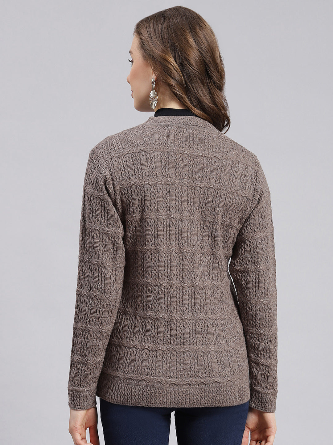 Women Beige Self Design Wool blend Cardigan