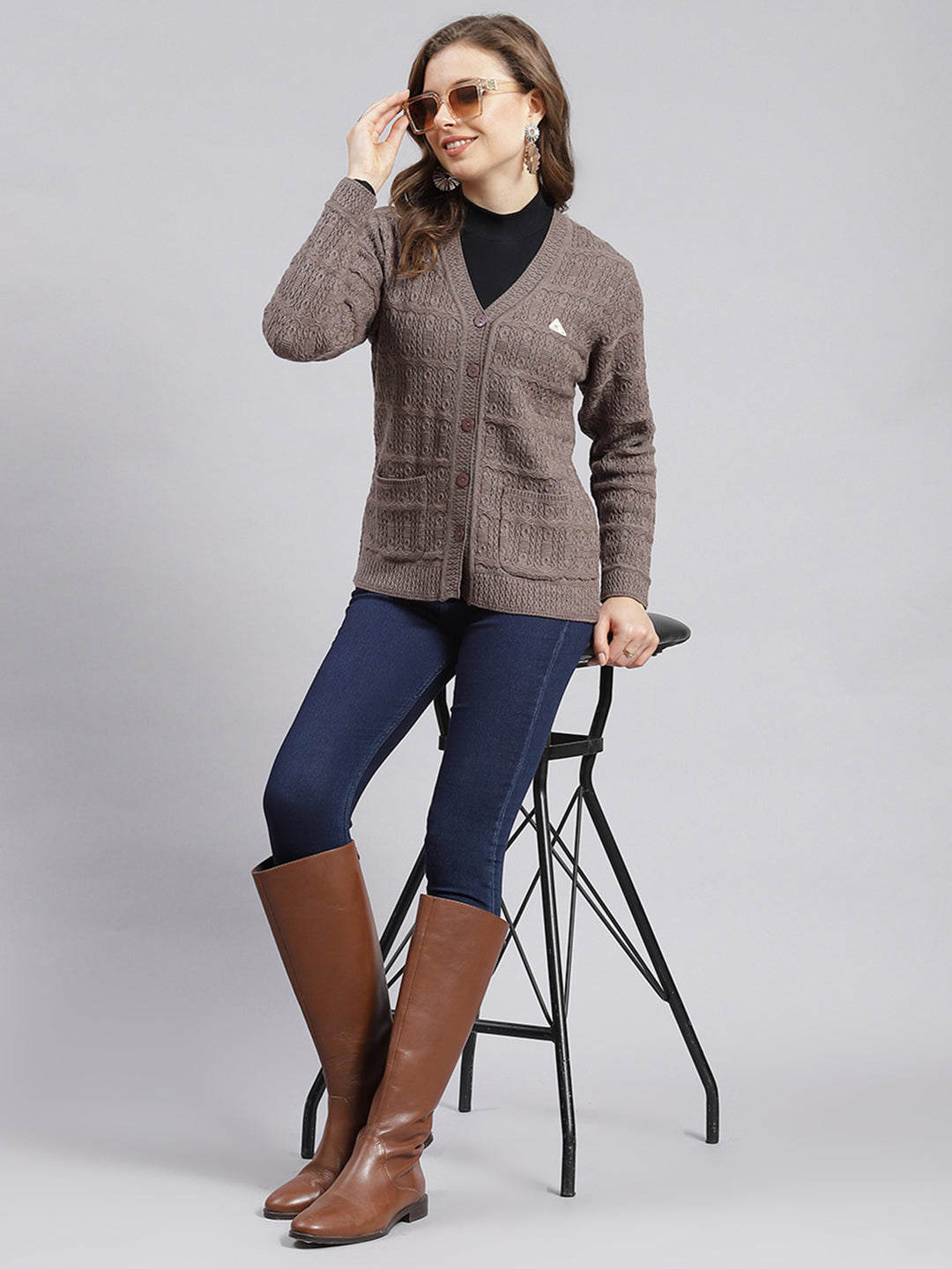 Women Beige Self Design Wool blend Cardigan