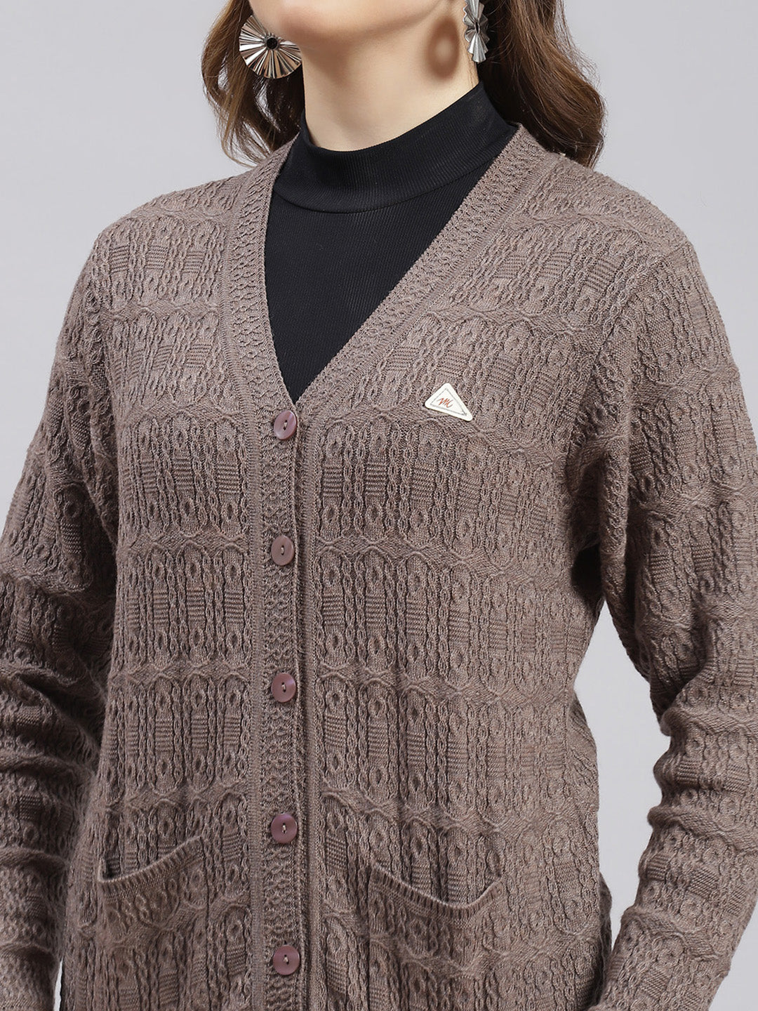 Women Beige Self Design Wool blend Cardigan