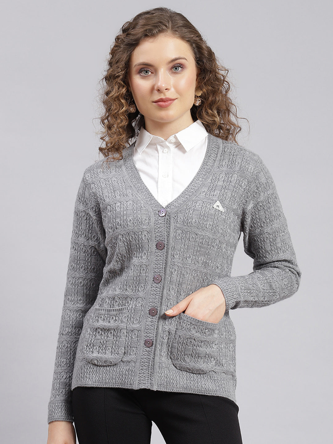 Women Grey Self Design Wool blend Cardigan