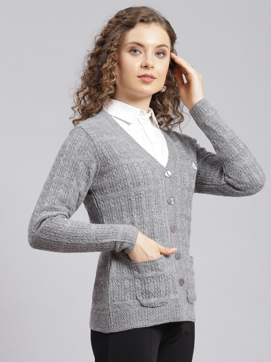 Women Grey Self Design Wool blend Cardigan