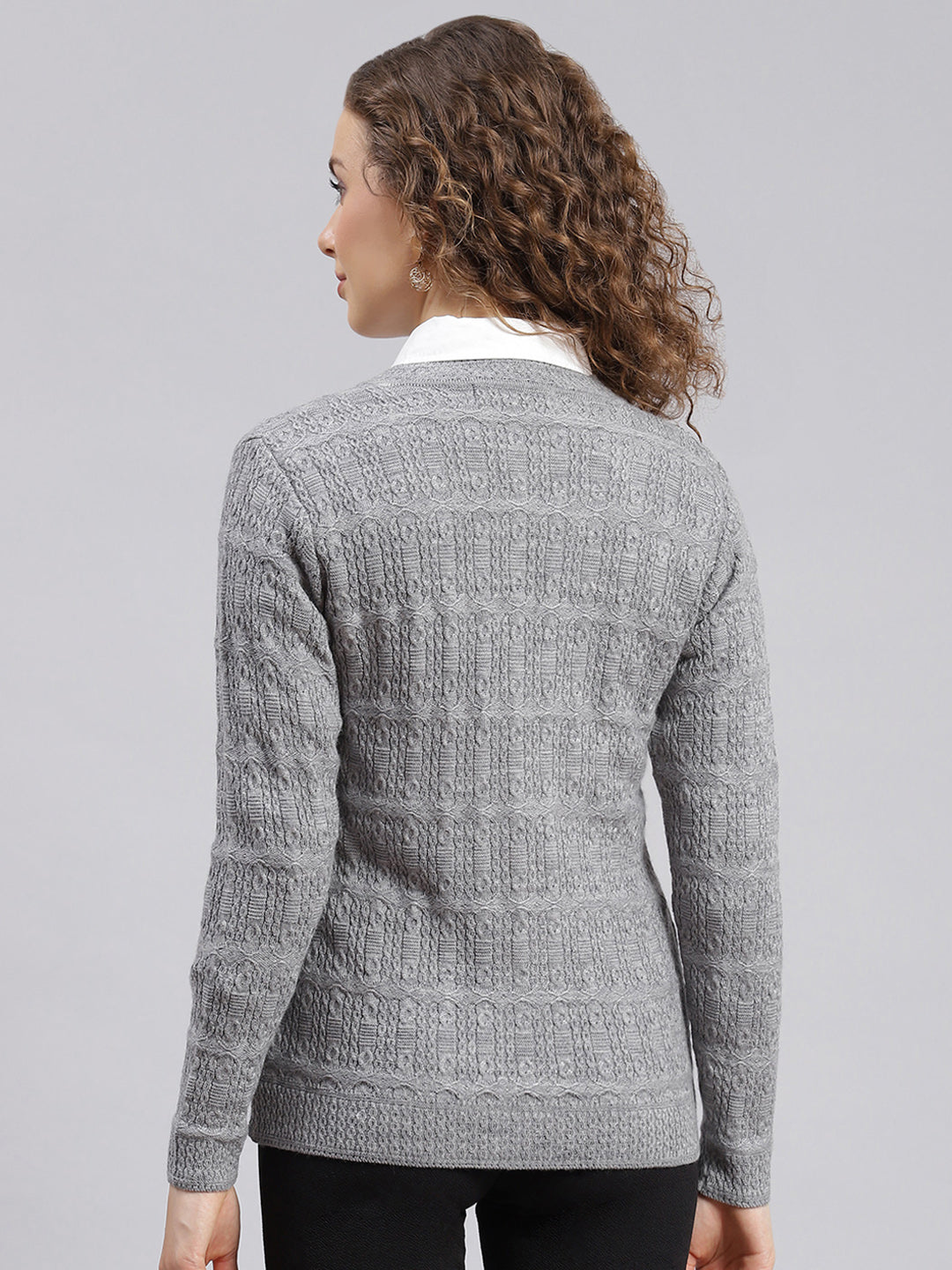Women Grey Self Design Wool blend Cardigan