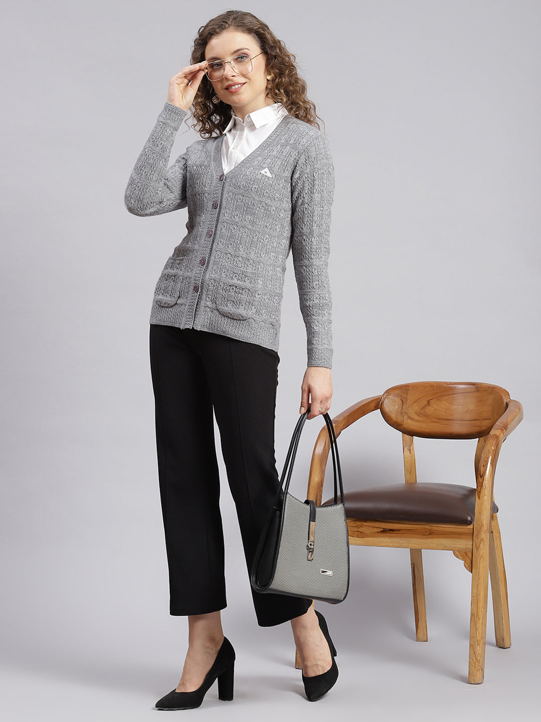 Women Grey Self Design Wool blend Cardigan
