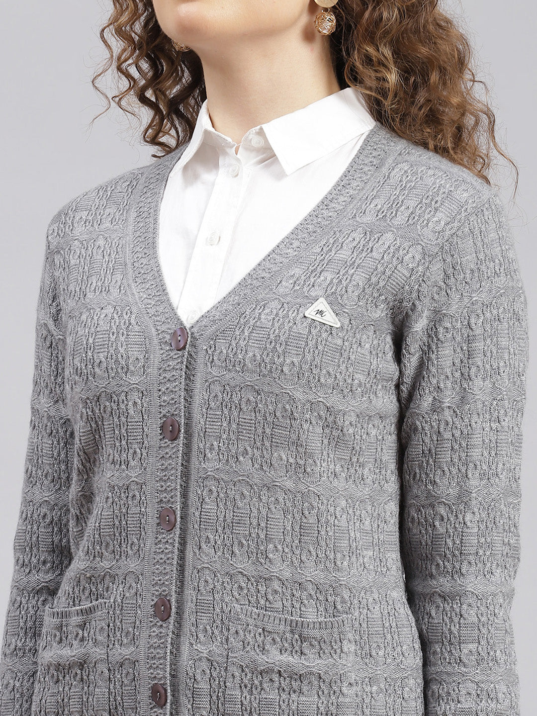 Women Grey Self Design Wool blend Cardigan