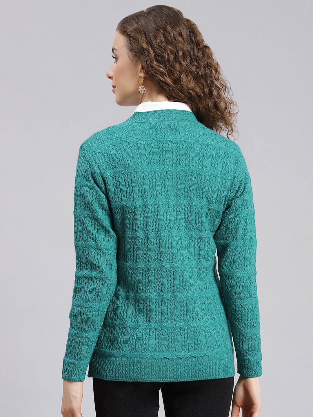 Women Sea Green Self Design Wool blend Cardigan