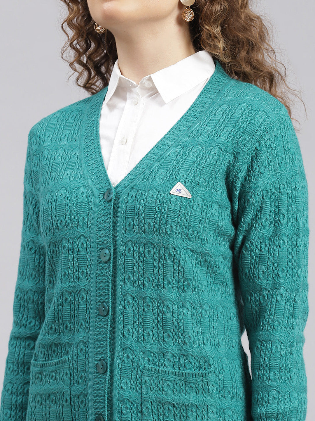 Women Sea Green Self Design Wool blend Cardigan