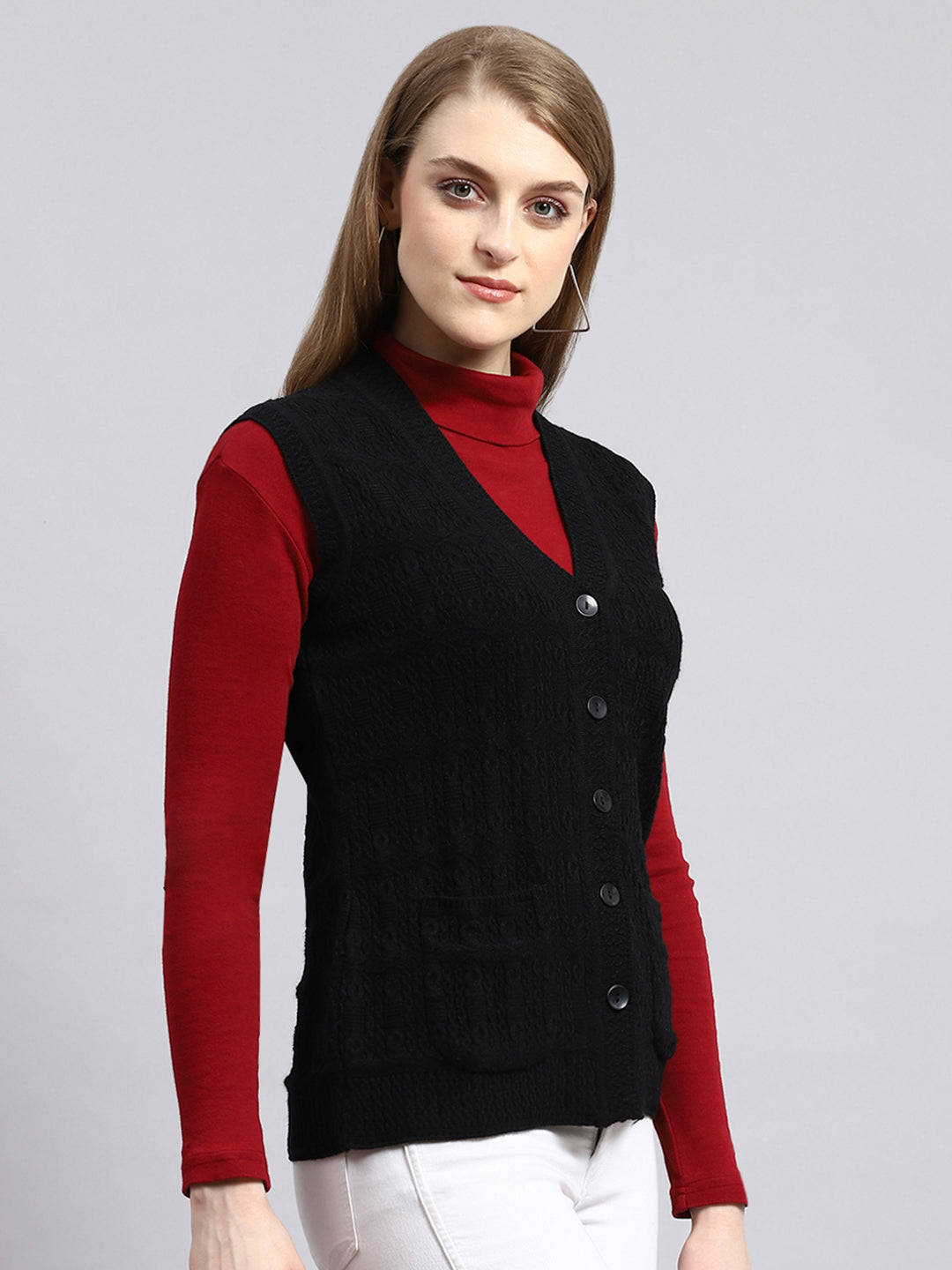 Women Black Self Cardigan