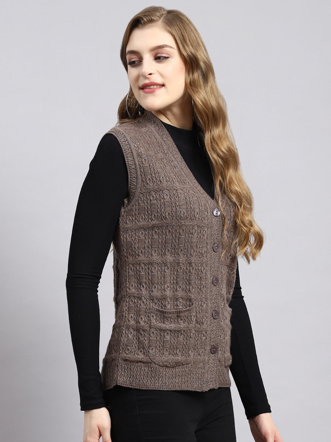 Women Beige Self Cardigan