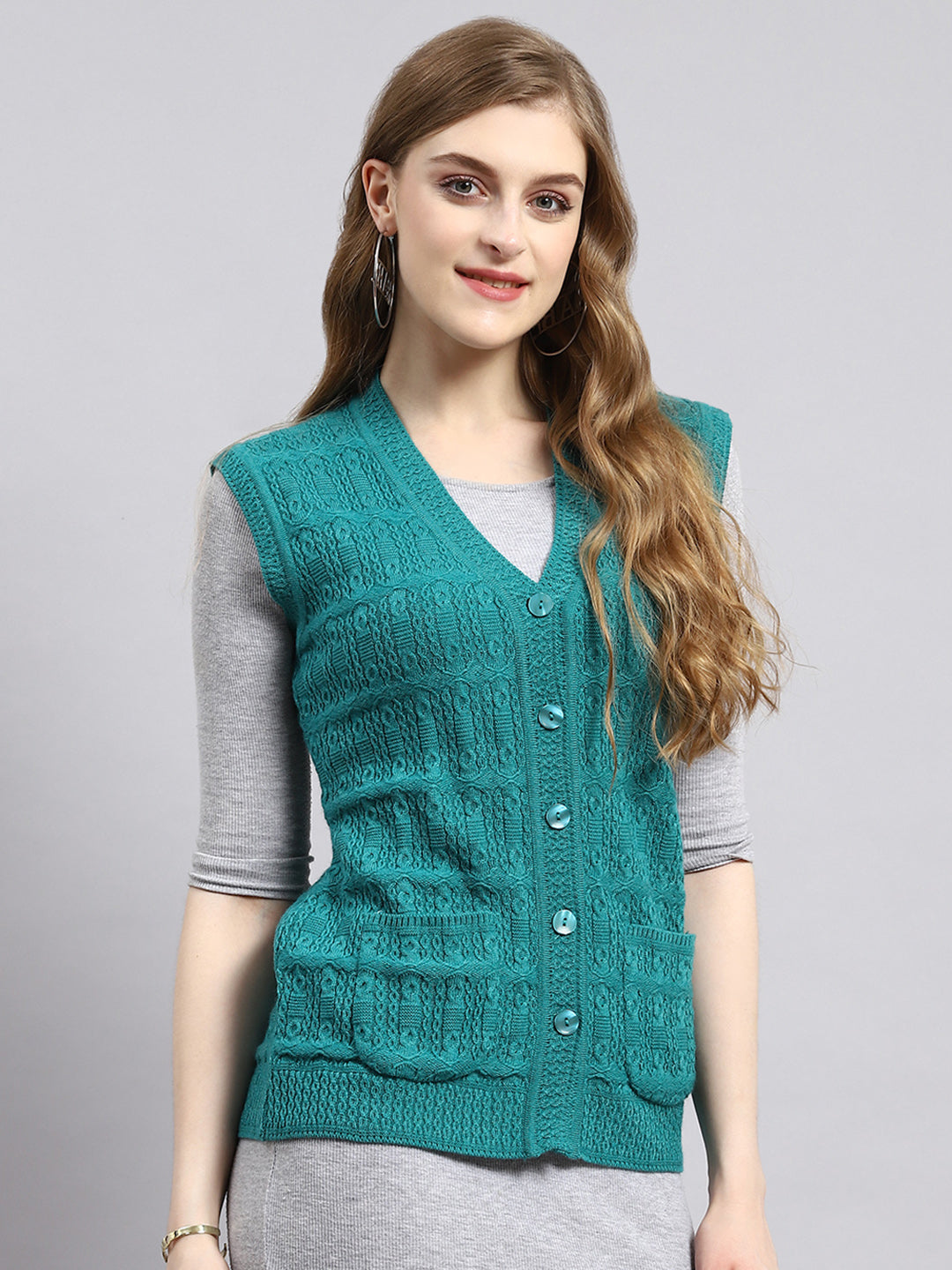 Women Green Self Cardigan