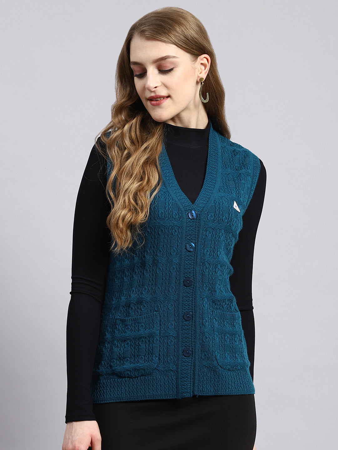 Women Blue Self Cardigan