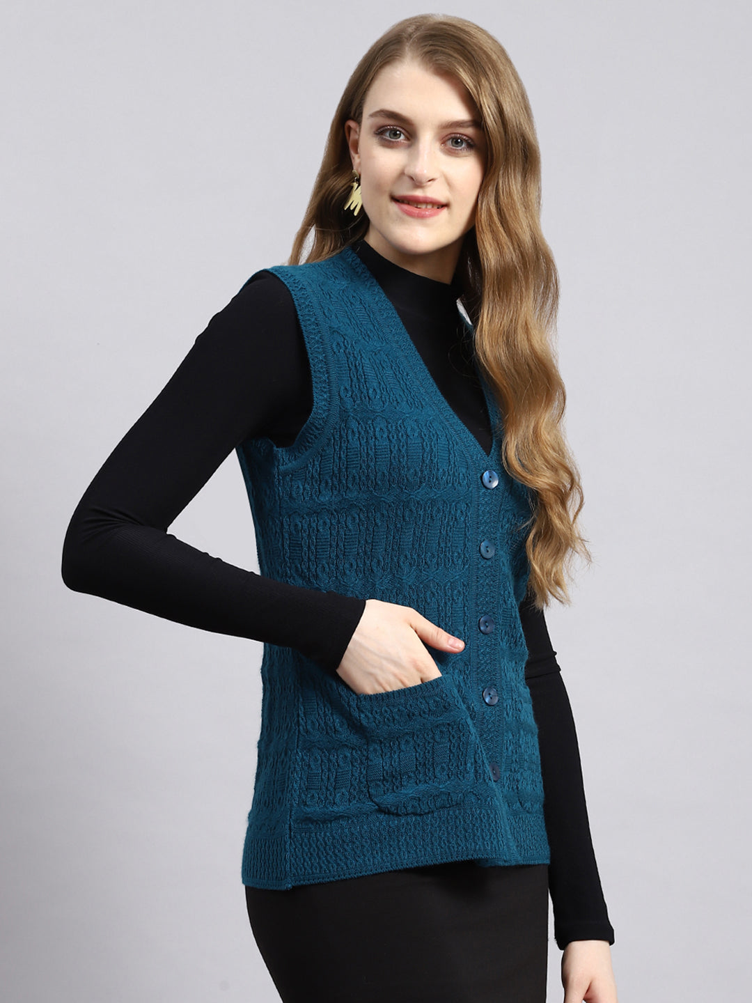 Women Blue Self Cardigan