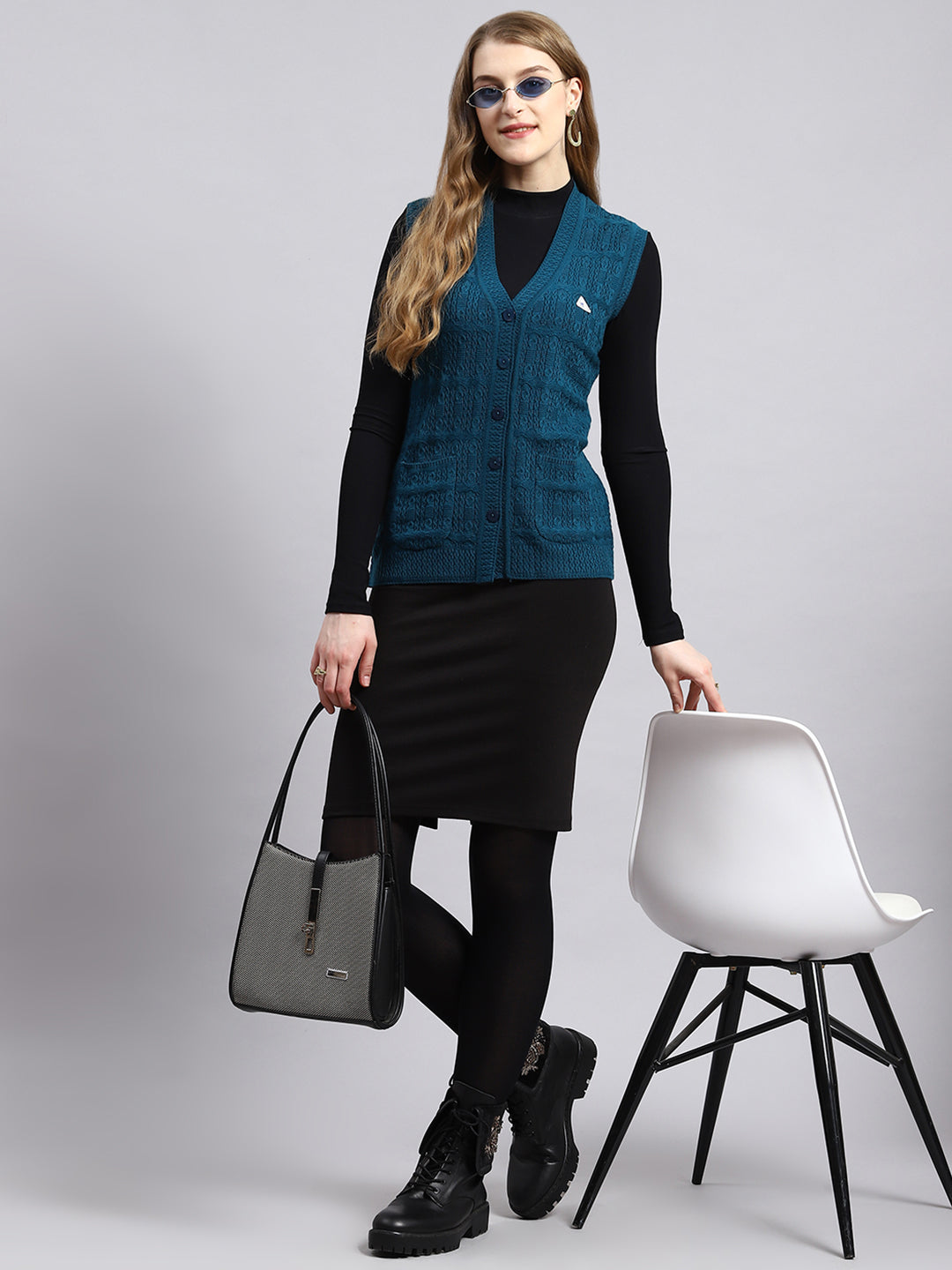 Women Blue Self Cardigan