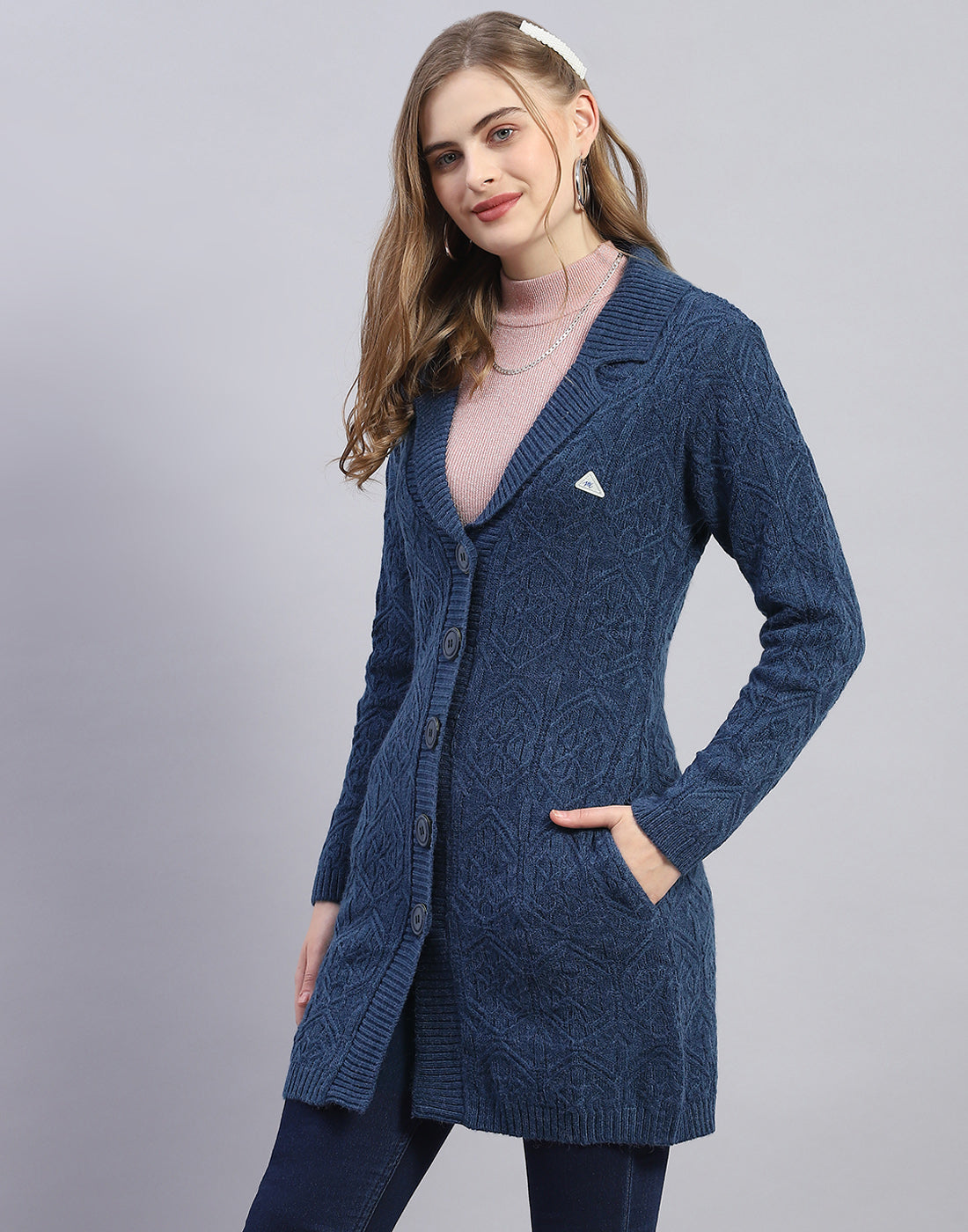 Women Blue Solid Lapel Collar Full Sleeve Cardigan