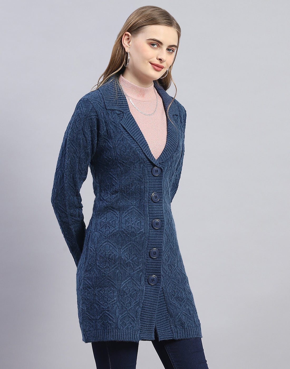 Women Blue Solid Lapel Collar Full Sleeve Cardigan
