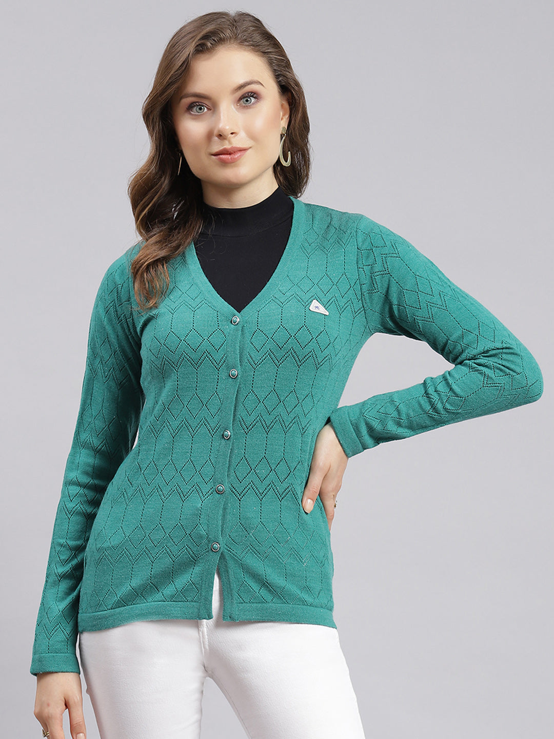 Women Sea Green Jaquard Wool blend Cardigan