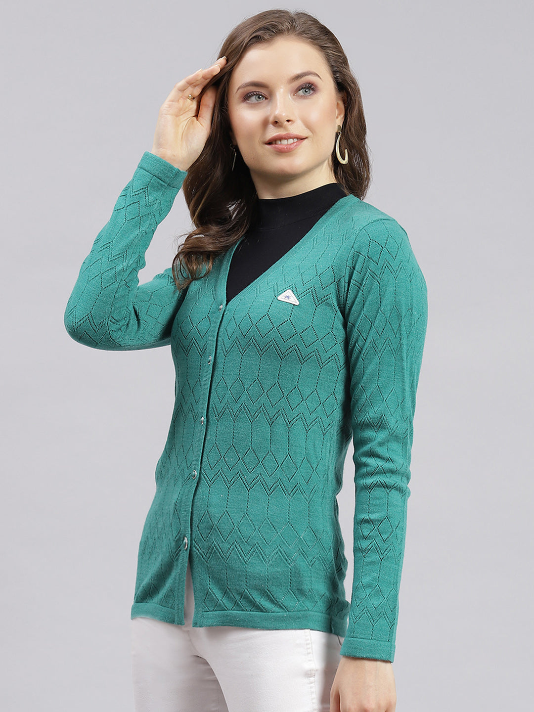 Women Sea Green Jaquard Wool blend Cardigan