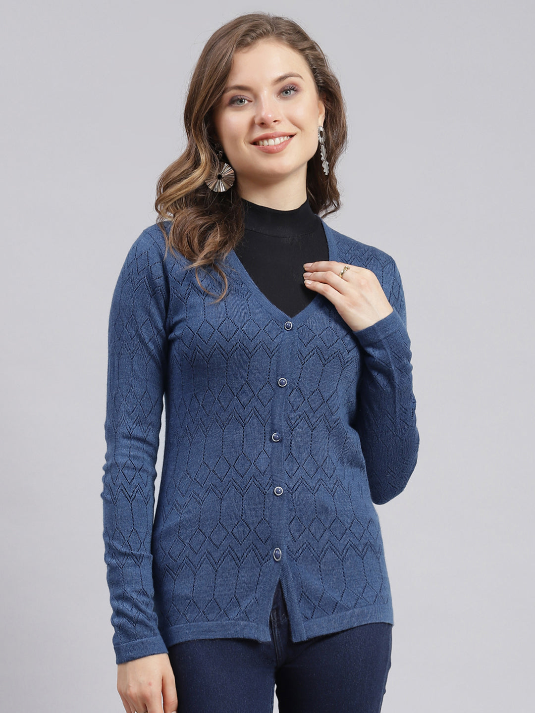 Women Blue Jaquard Wool blend Cardigan - Main Image