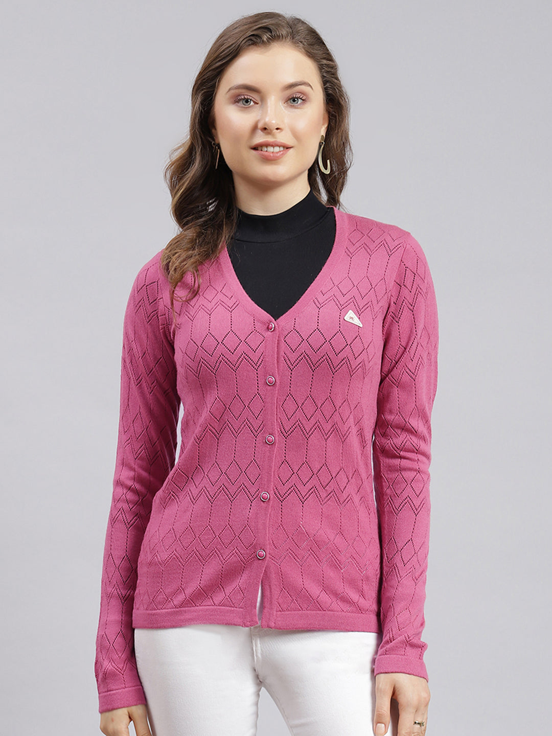 Women Pink Jaquard Wool blend Cardigan