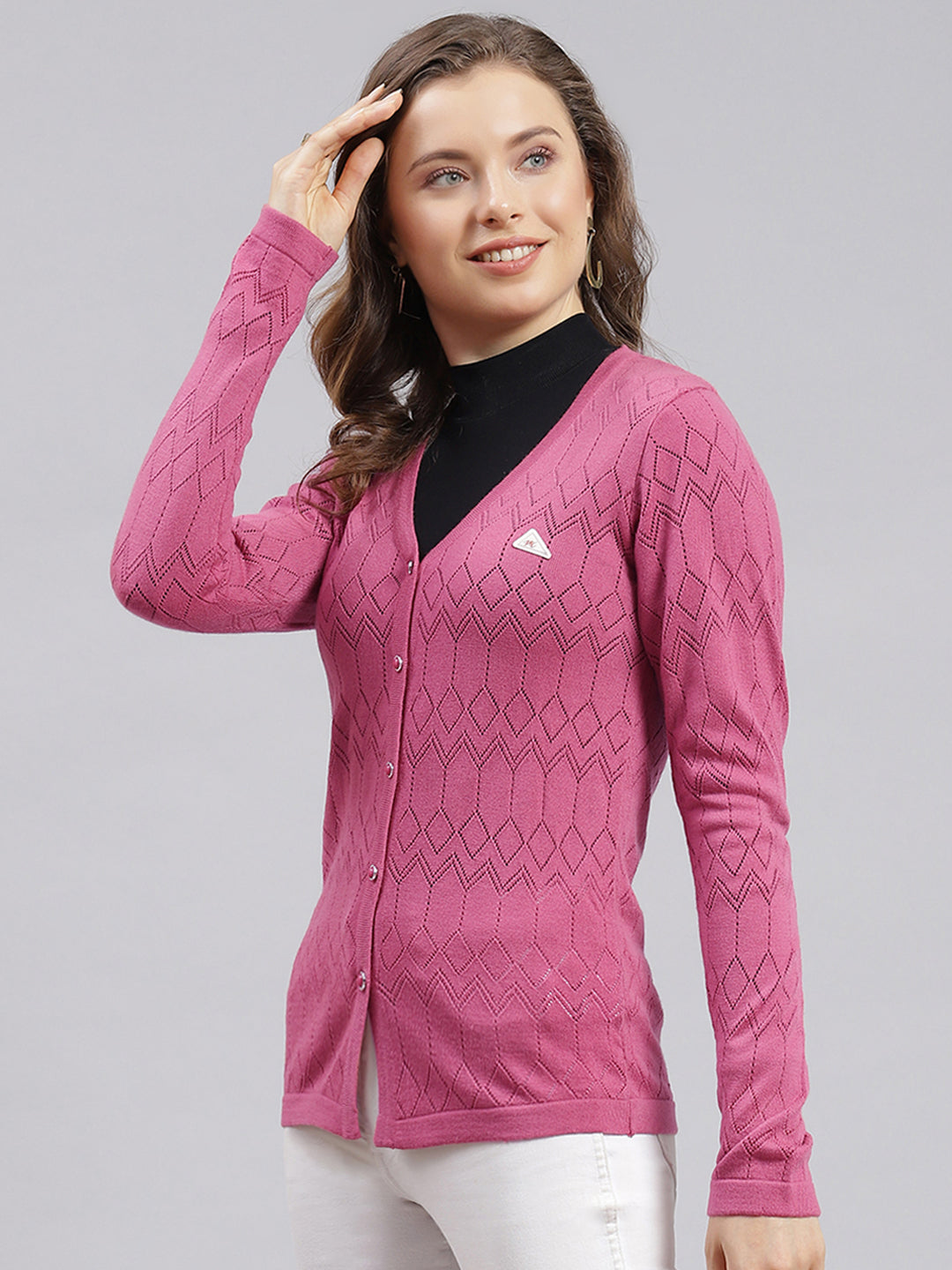 Women Pink Jaquard Wool blend Cardigan