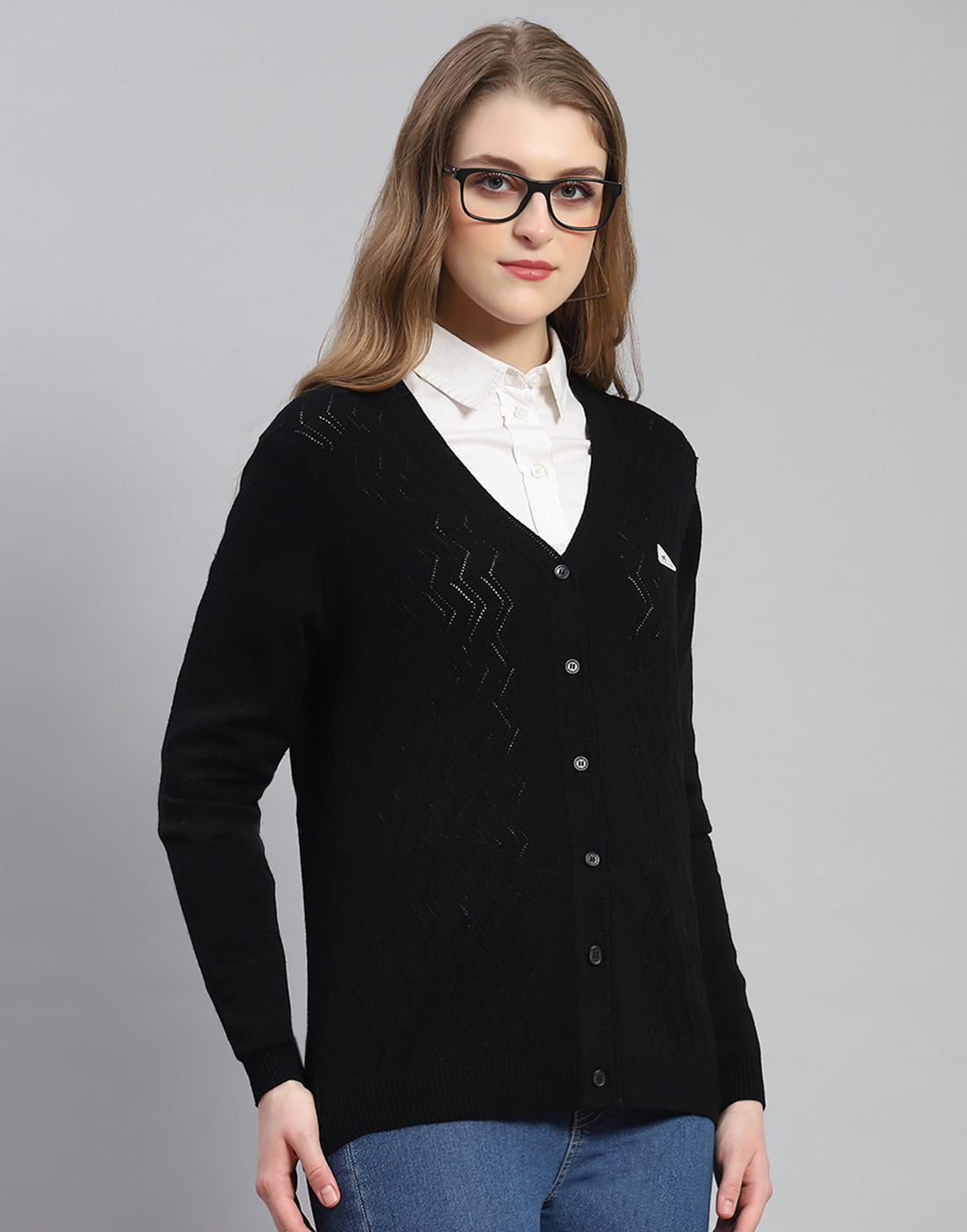 Women Black Self Design V Neck Full Sleeve Cardigan
