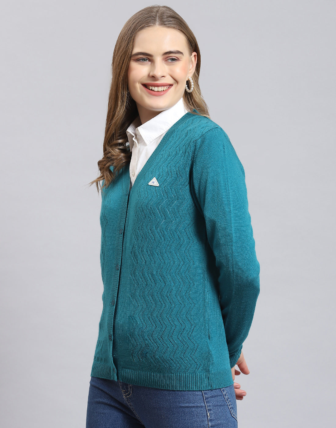Women Turquoise Blue Self Design V Neck Full Sleeve Cardigan