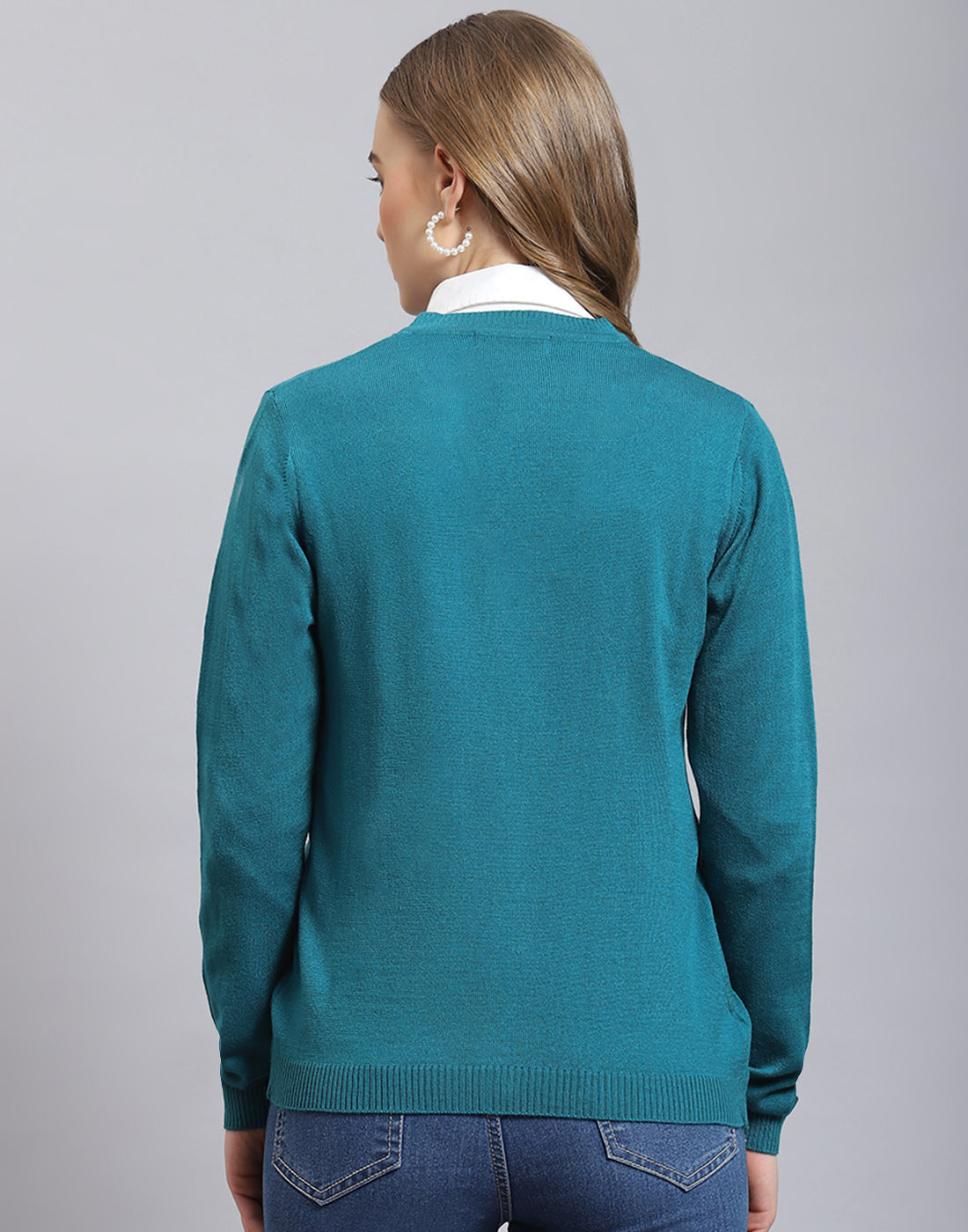 Women Turquoise Blue Self Design V Neck Full Sleeve Cardigan
