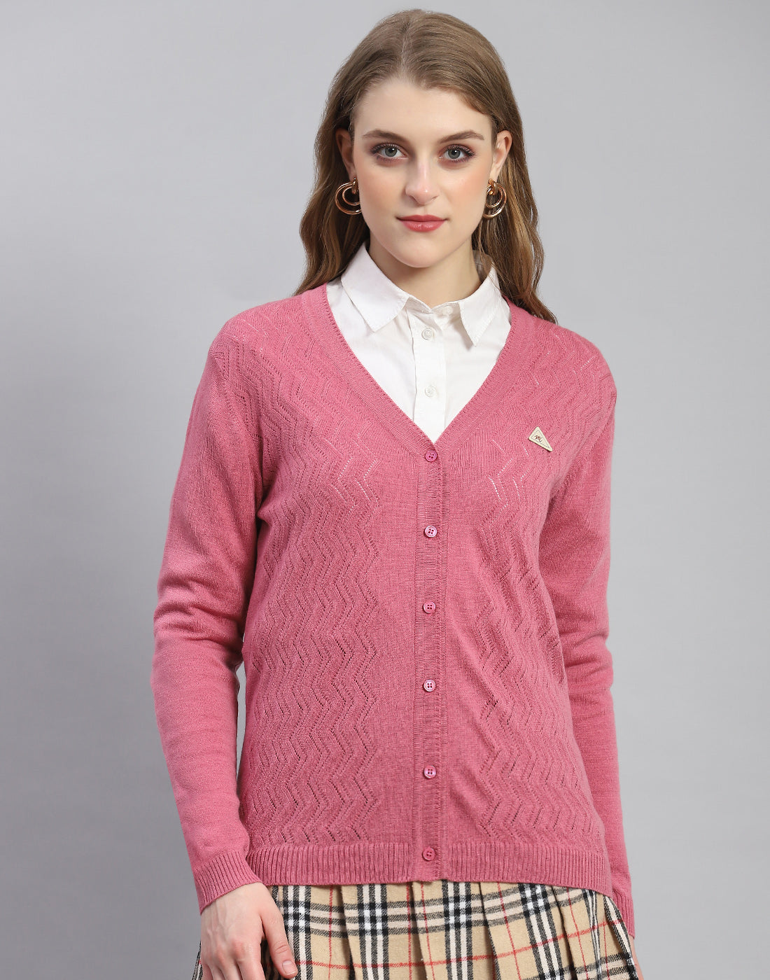 Women Pink Self Design V Neck Full Sleeve Cardigan