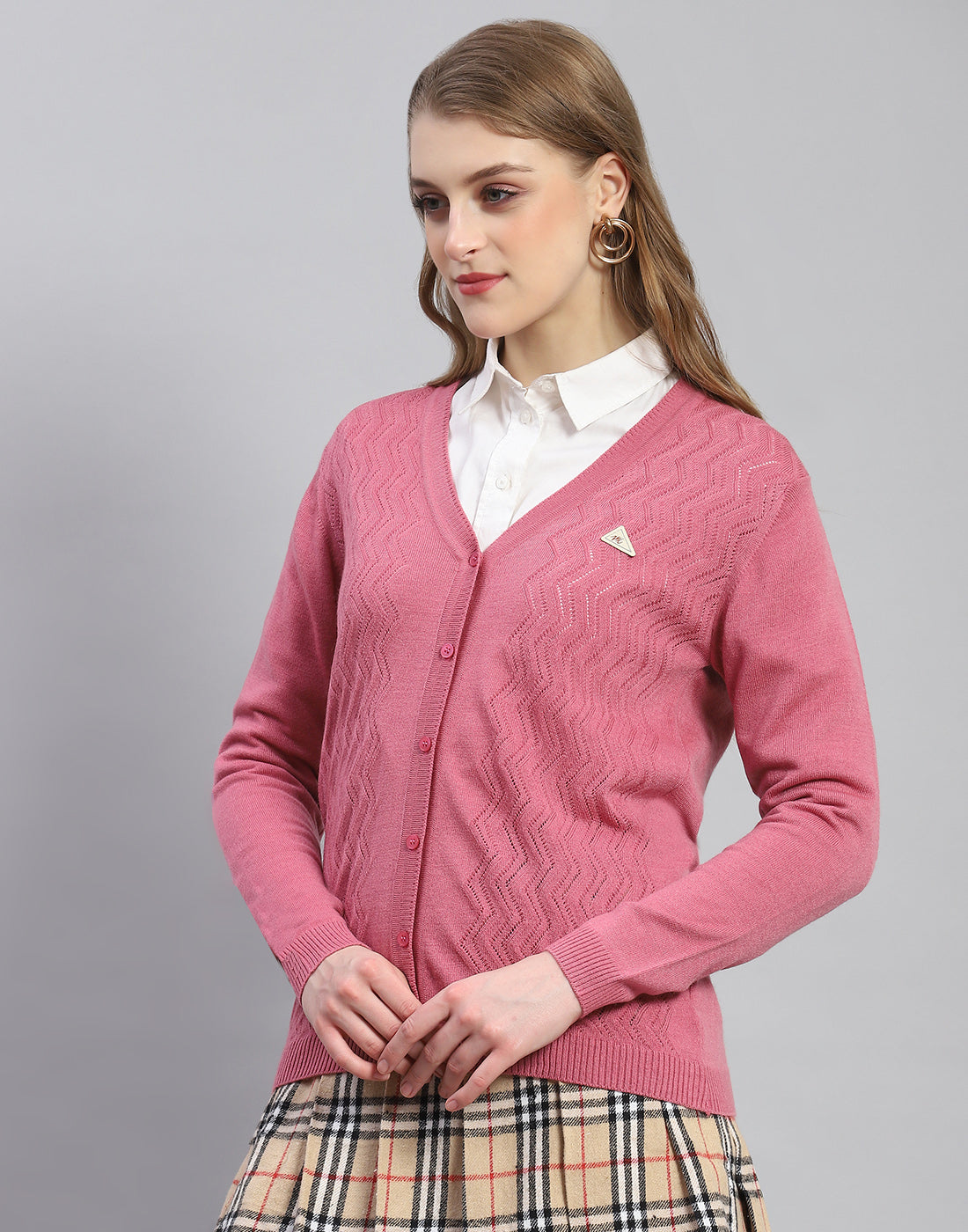 Women Pink Self Design V Neck Full Sleeve Cardigan