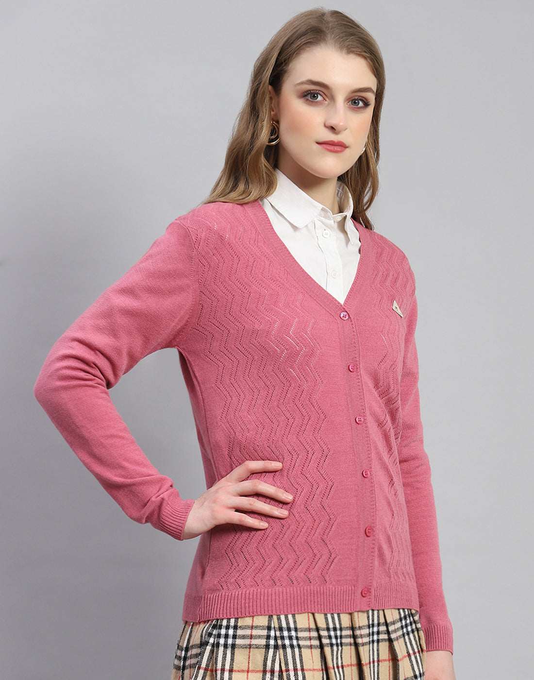 Women Pink Self Design V Neck Full Sleeve Cardigan