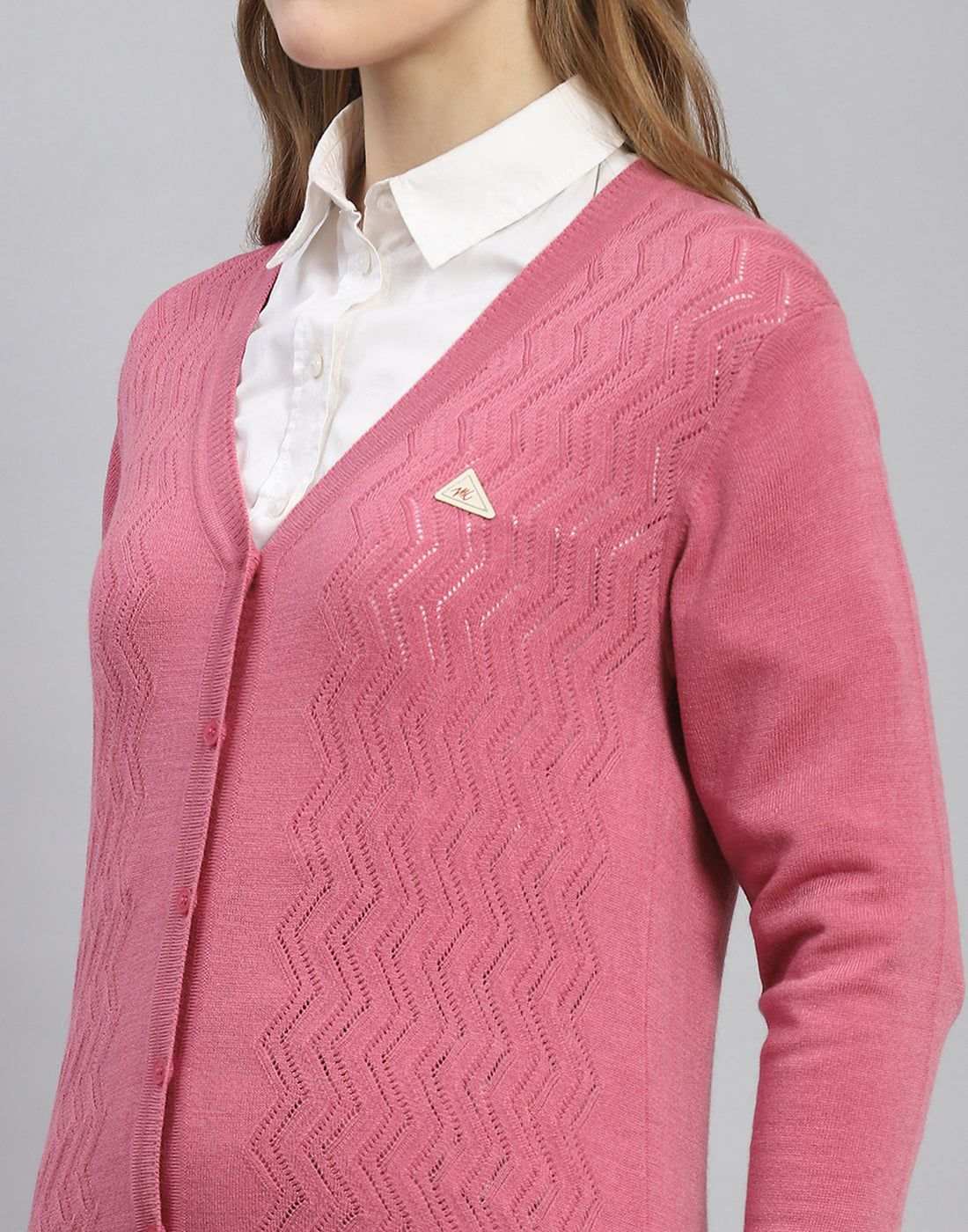 Women Pink Self Design V Neck Full Sleeve Cardigan