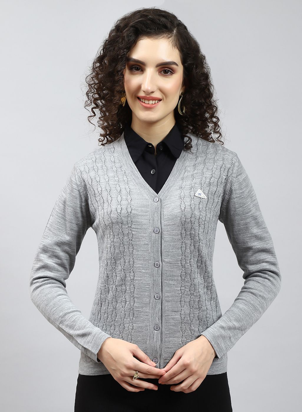 Women Grey Self Design Wool blend Cardigan