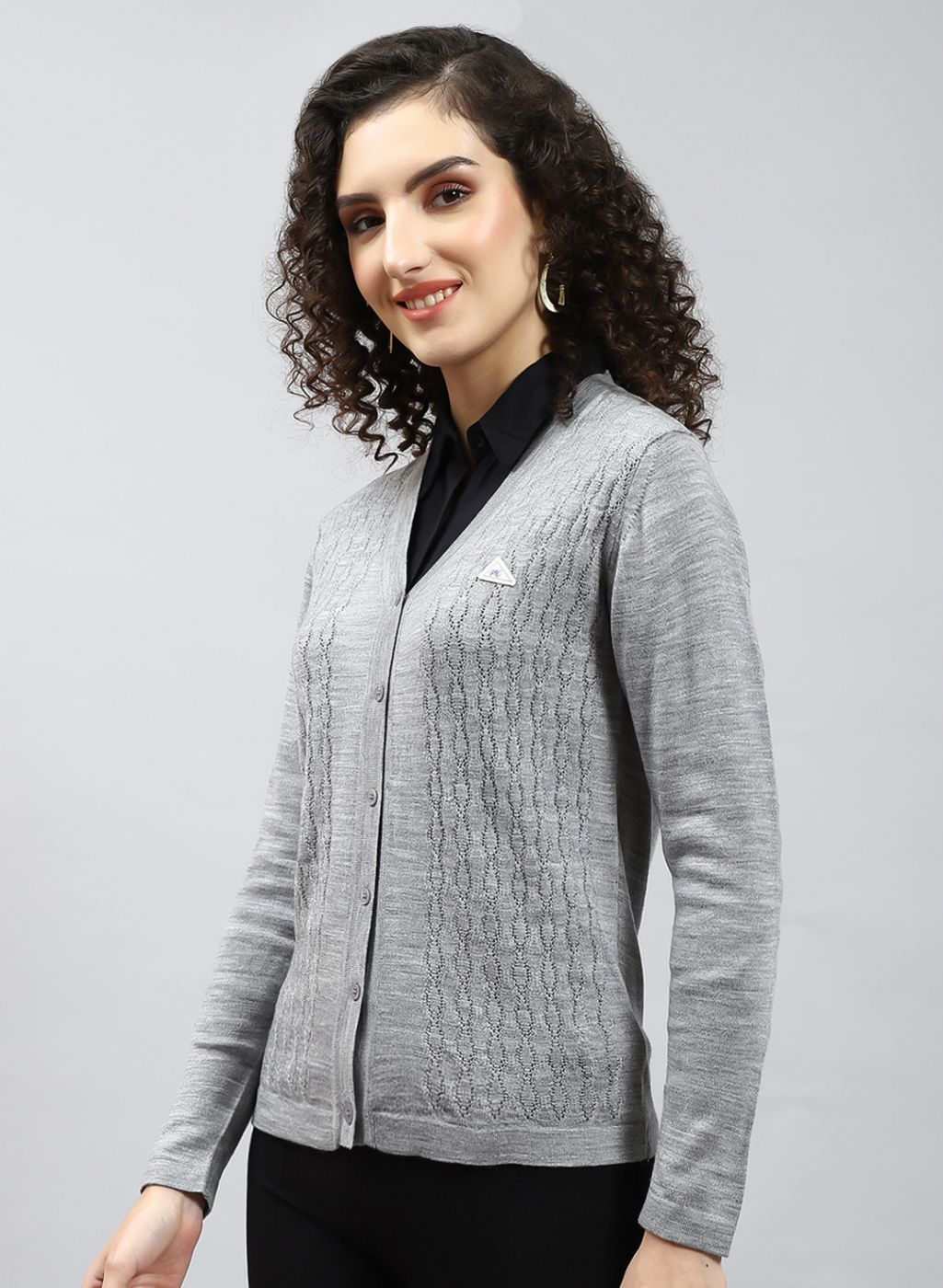 Women Grey Self Design Wool blend Cardigan