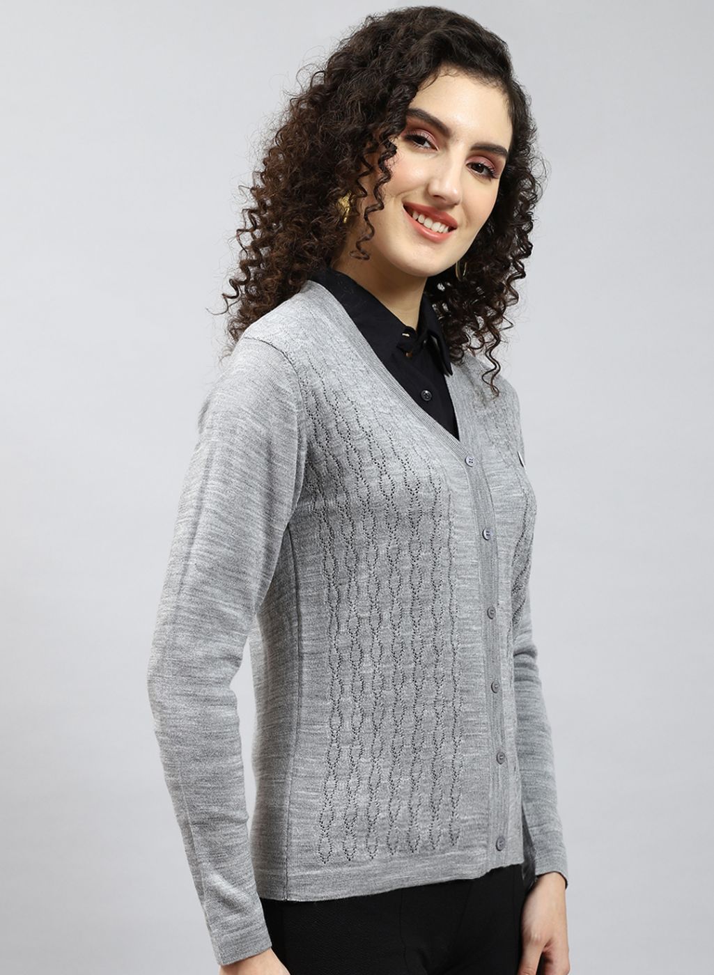 Women Grey Self Design Wool blend Cardigan