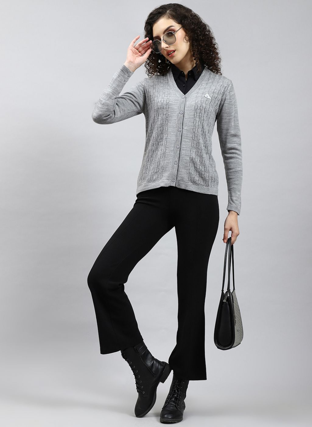 Women Grey Self Design Wool blend Cardigan