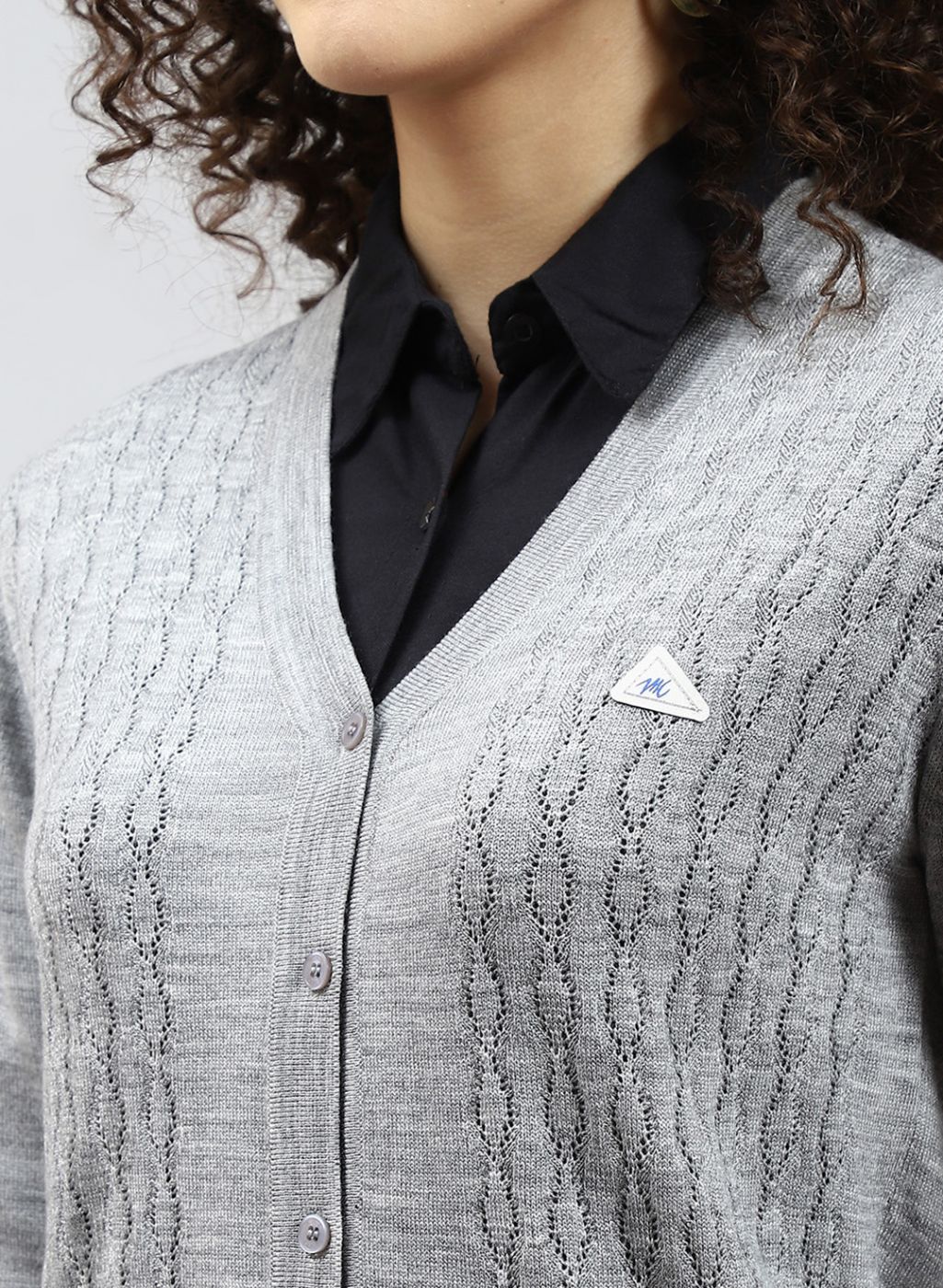 Women Grey Self Design Wool blend Cardigan