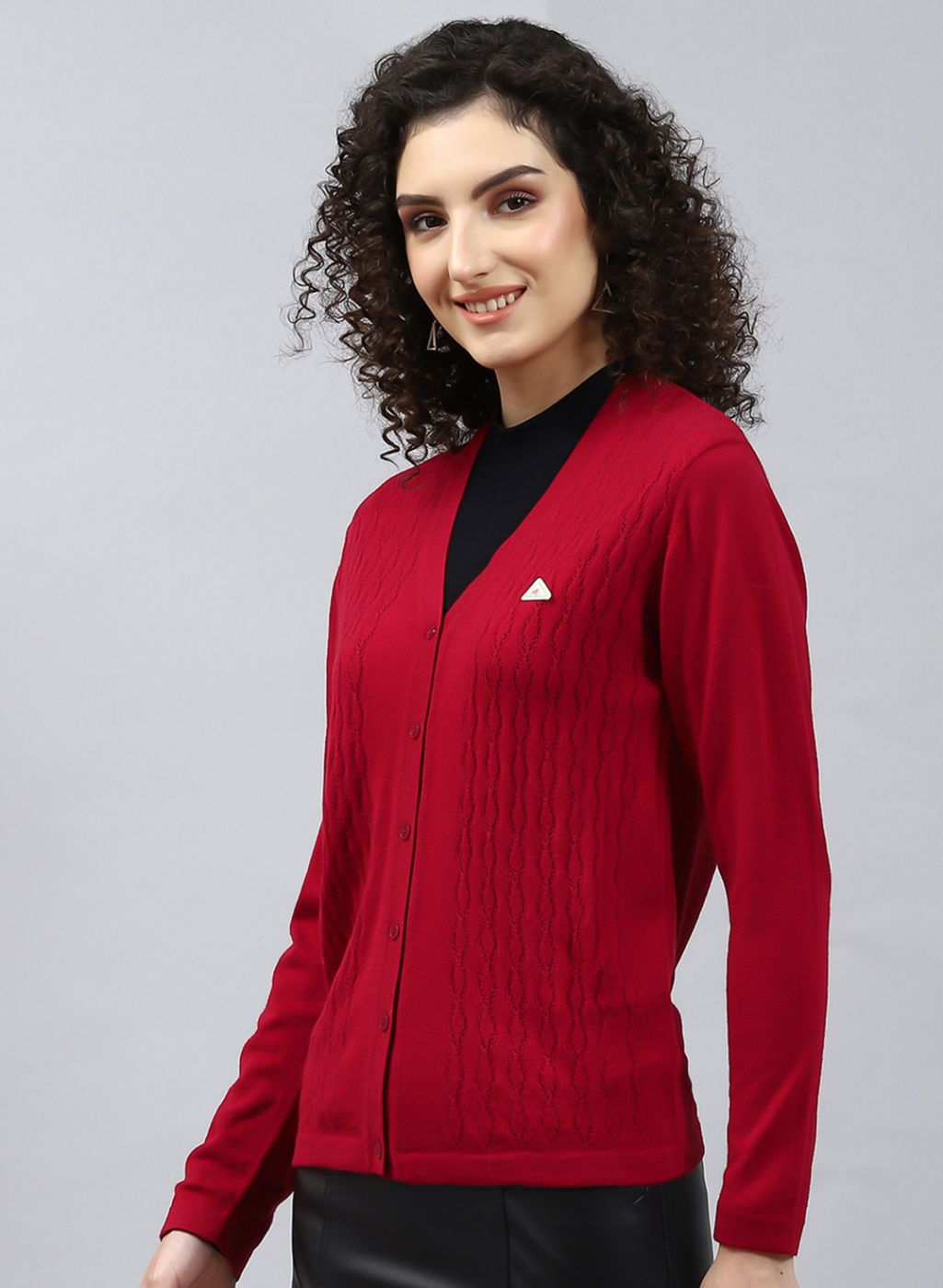 Women Red Self Design Wool blend Cardigan