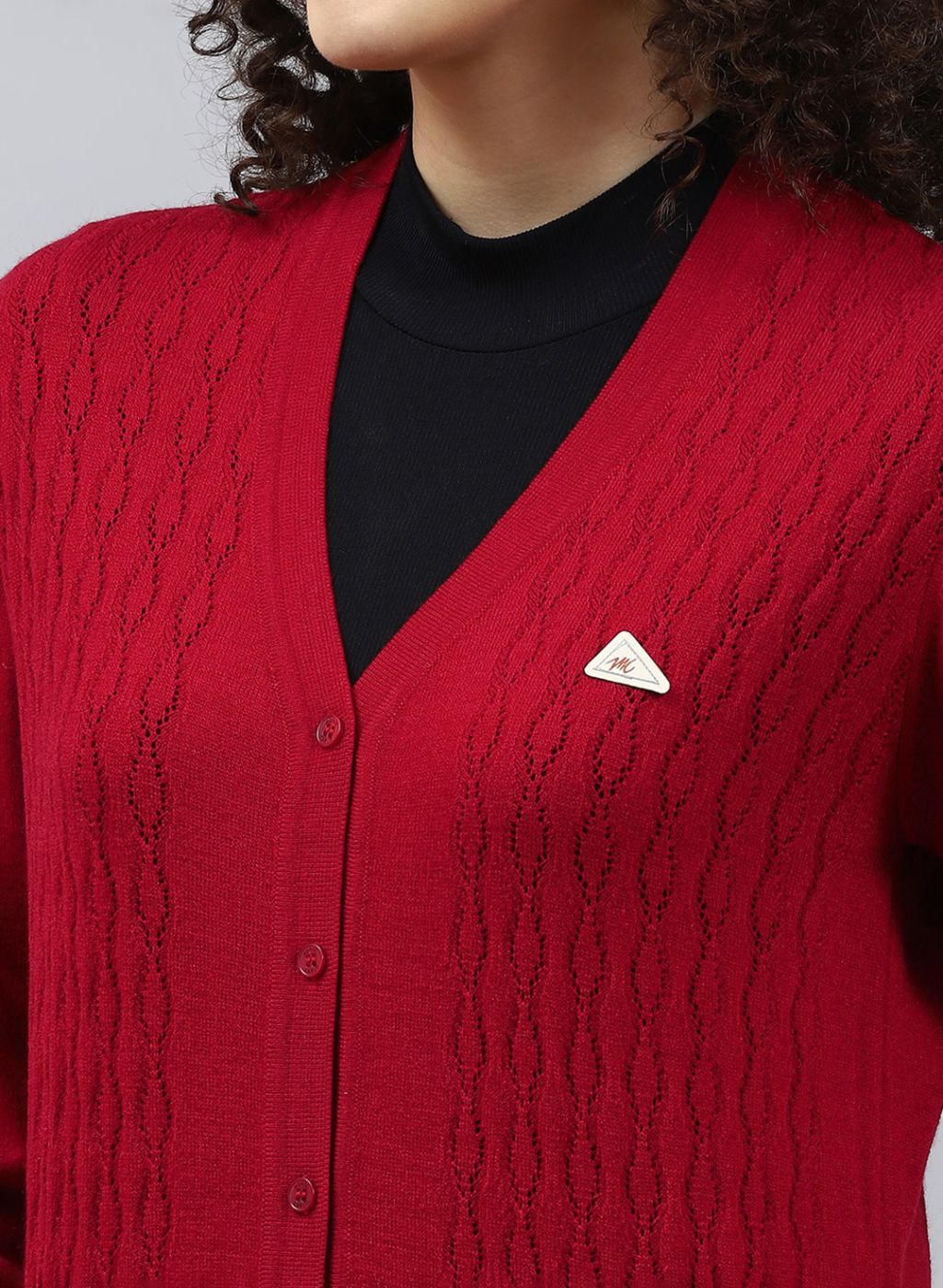 Women Red Self Design Wool blend Cardigan