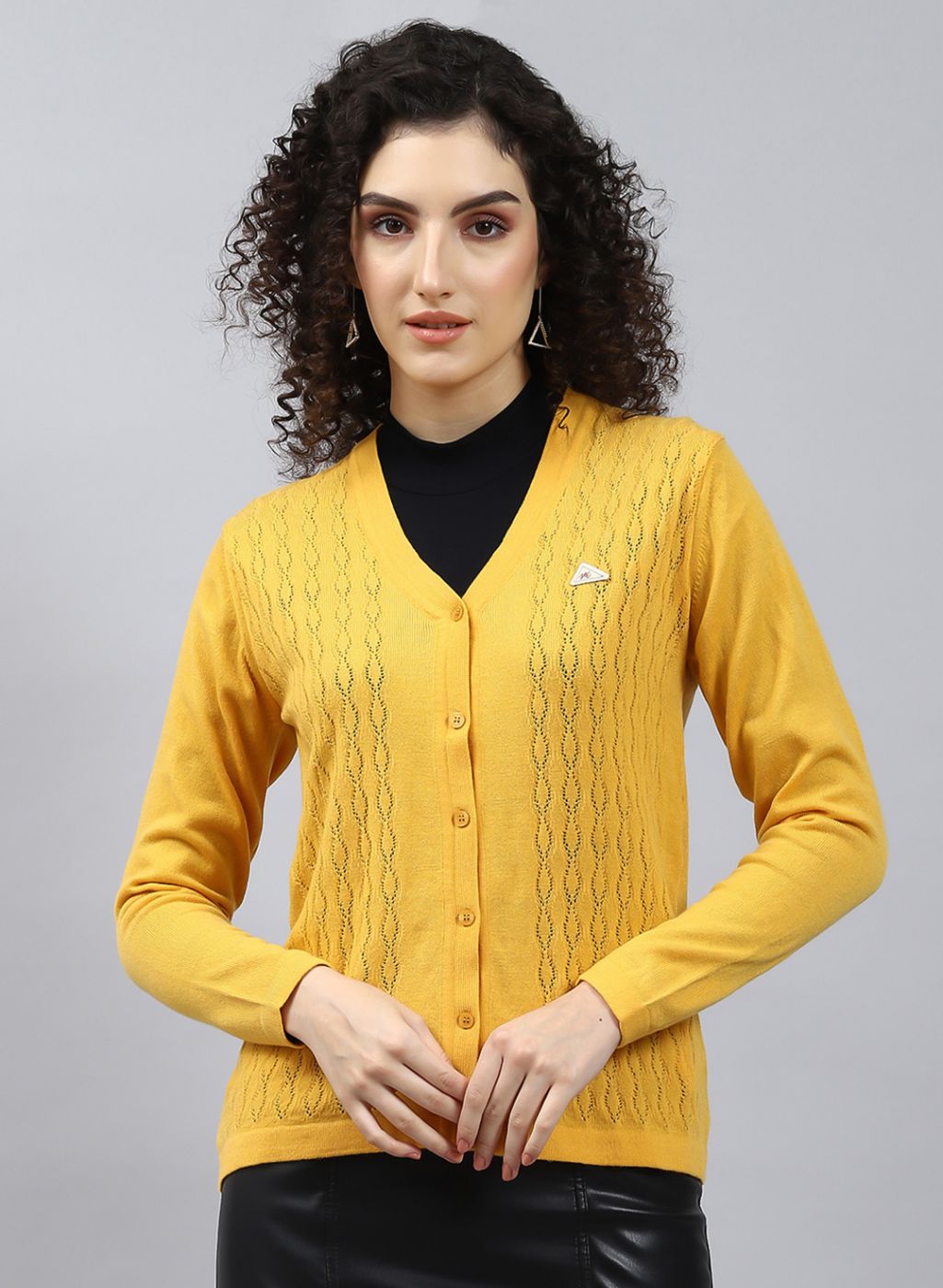 Women Yellow Self Design Wool blend Cardigan