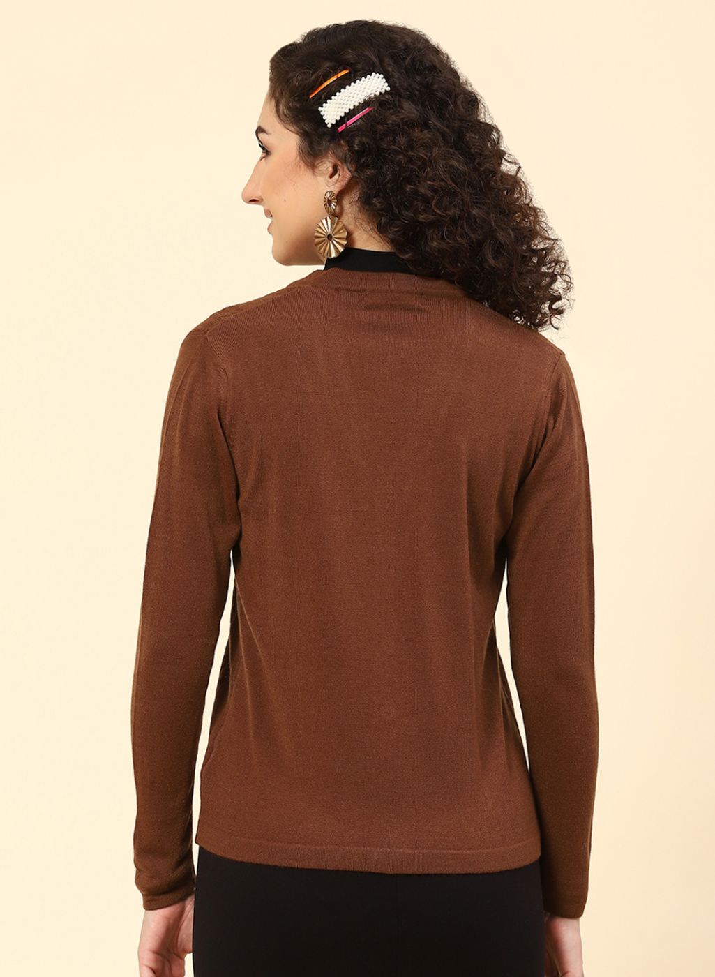 Women Brown Self Design Wool blend Cardigan