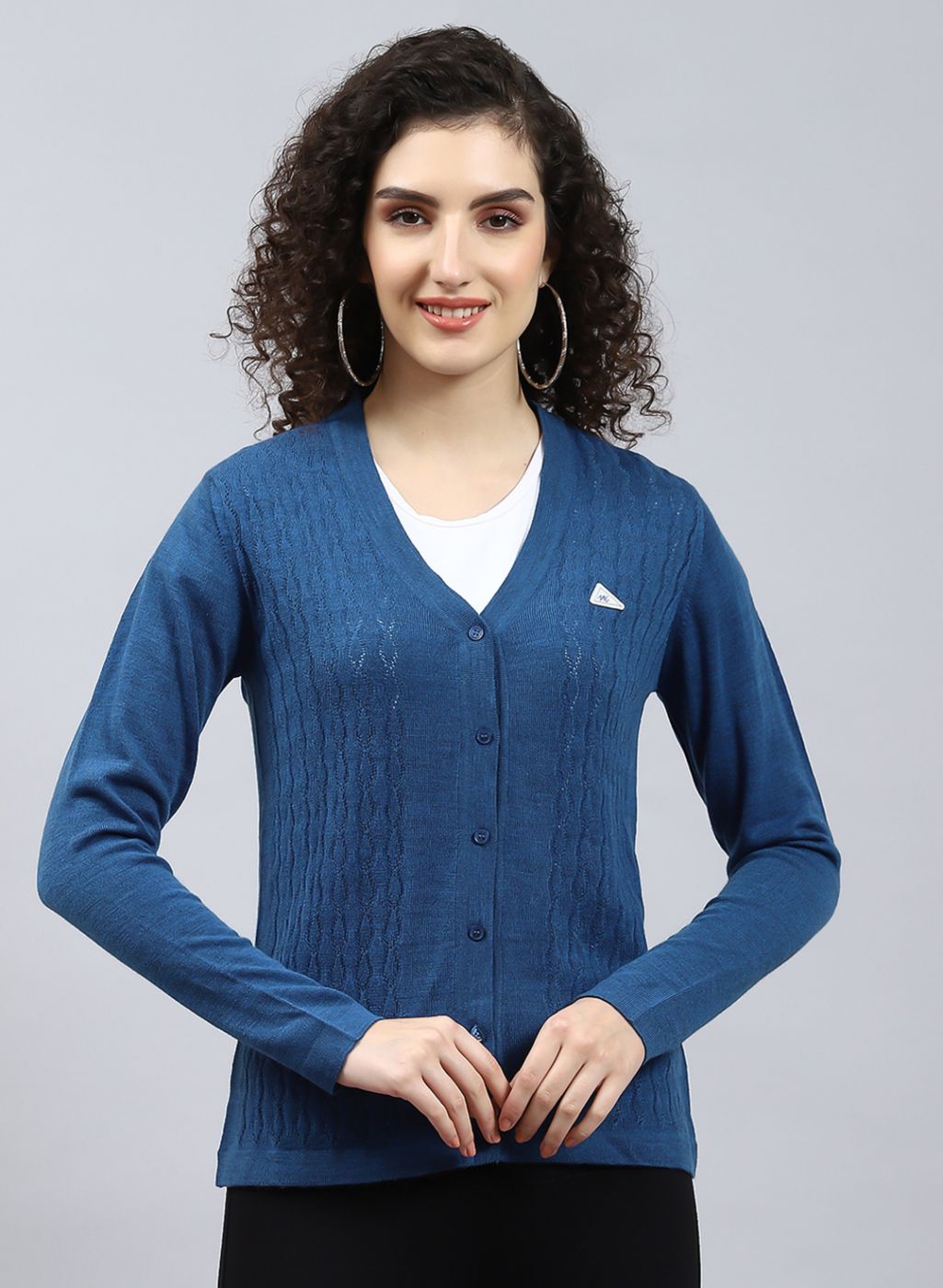 Women Blue Self Design Wool blend Cardigan