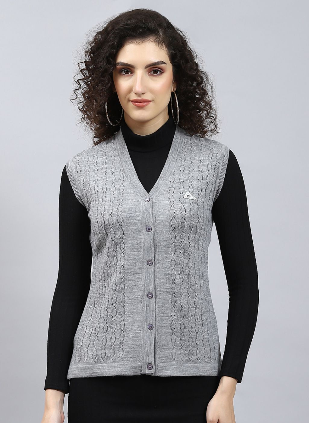 Women Grey Self Design Wool blend Cardigan