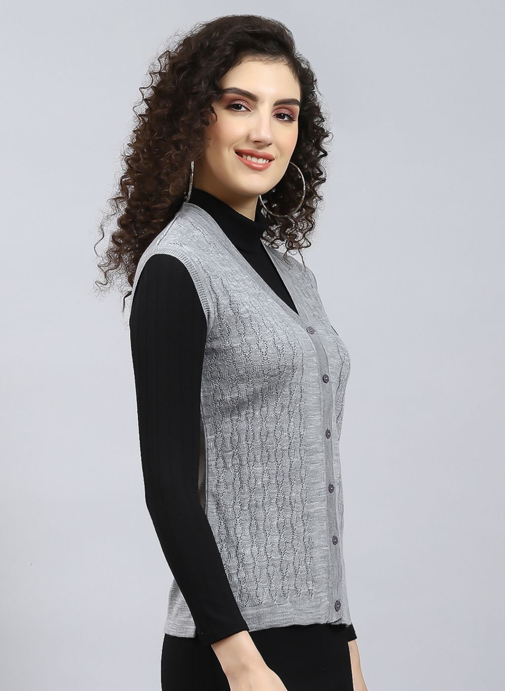Women Grey Self Design Wool blend Cardigan