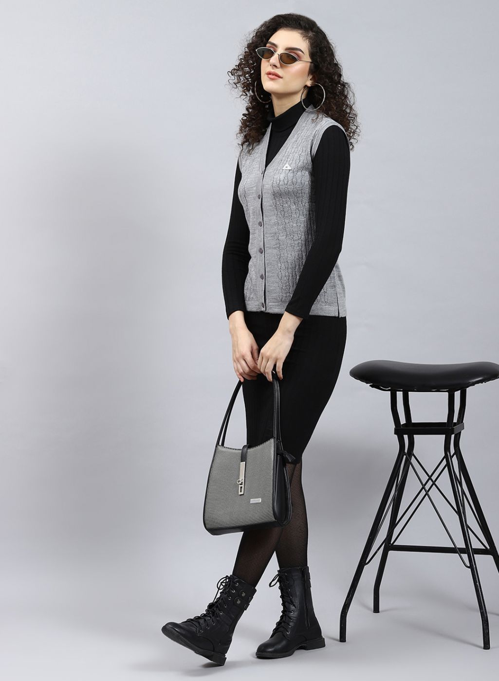 Women Grey Self Design Wool blend Cardigan
