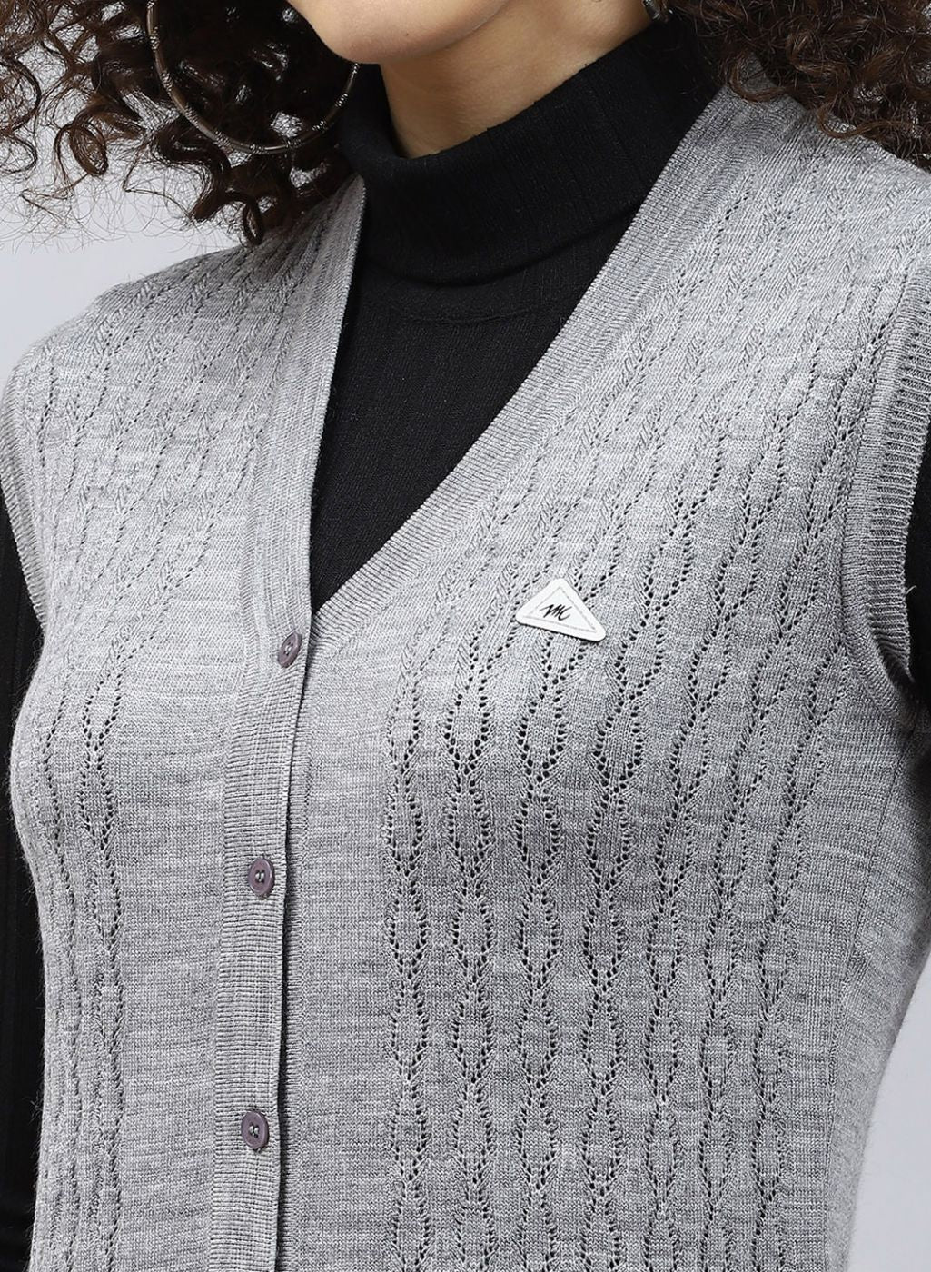 Women Grey Self Design Wool blend Cardigan