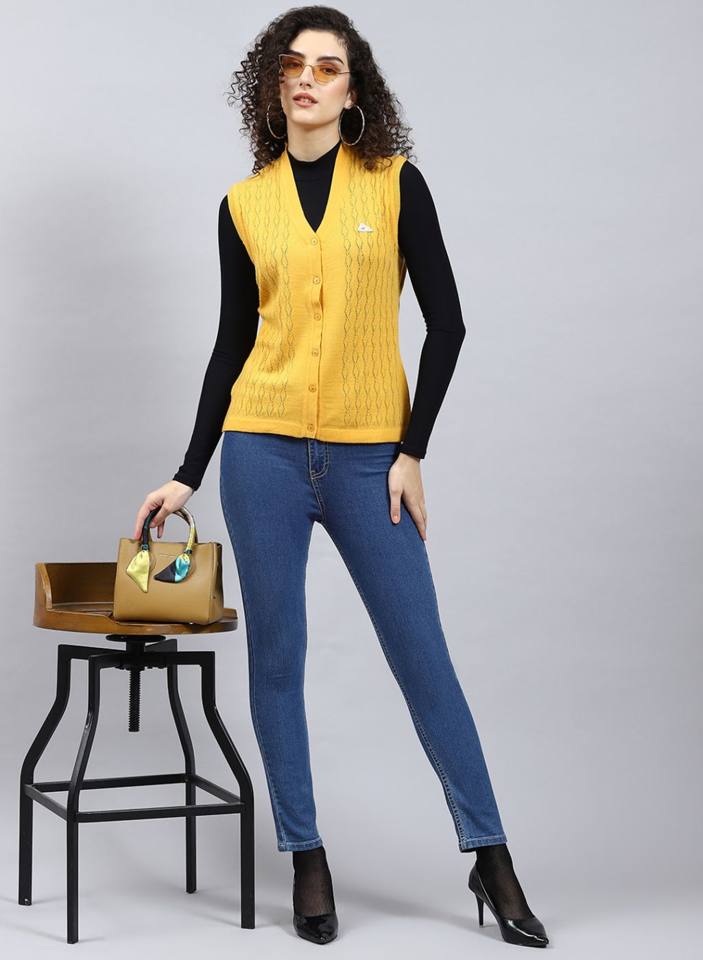 Women Yellow Self Design Wool blend Cardigan