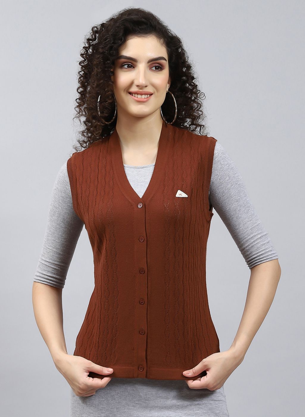 Women Brown Self Design Wool blend Cardigan