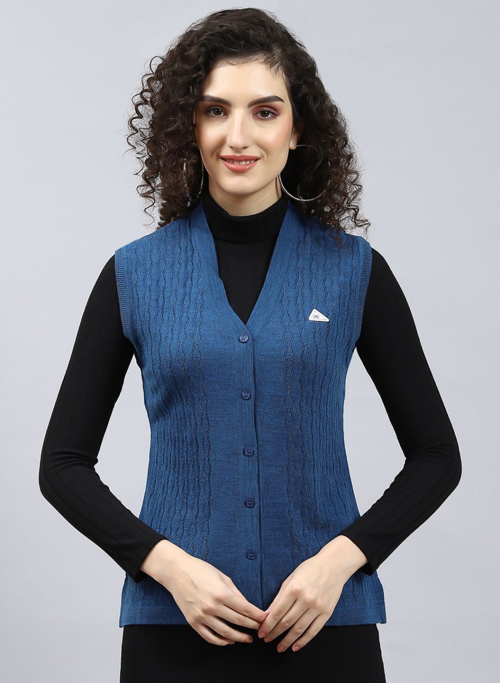 Women Blue Self Design Wool blend Cardigan
