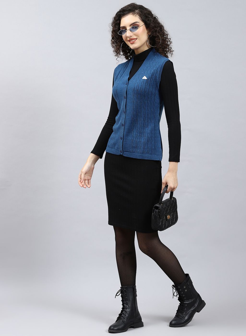 Women Blue Self Design Wool blend Cardigan
