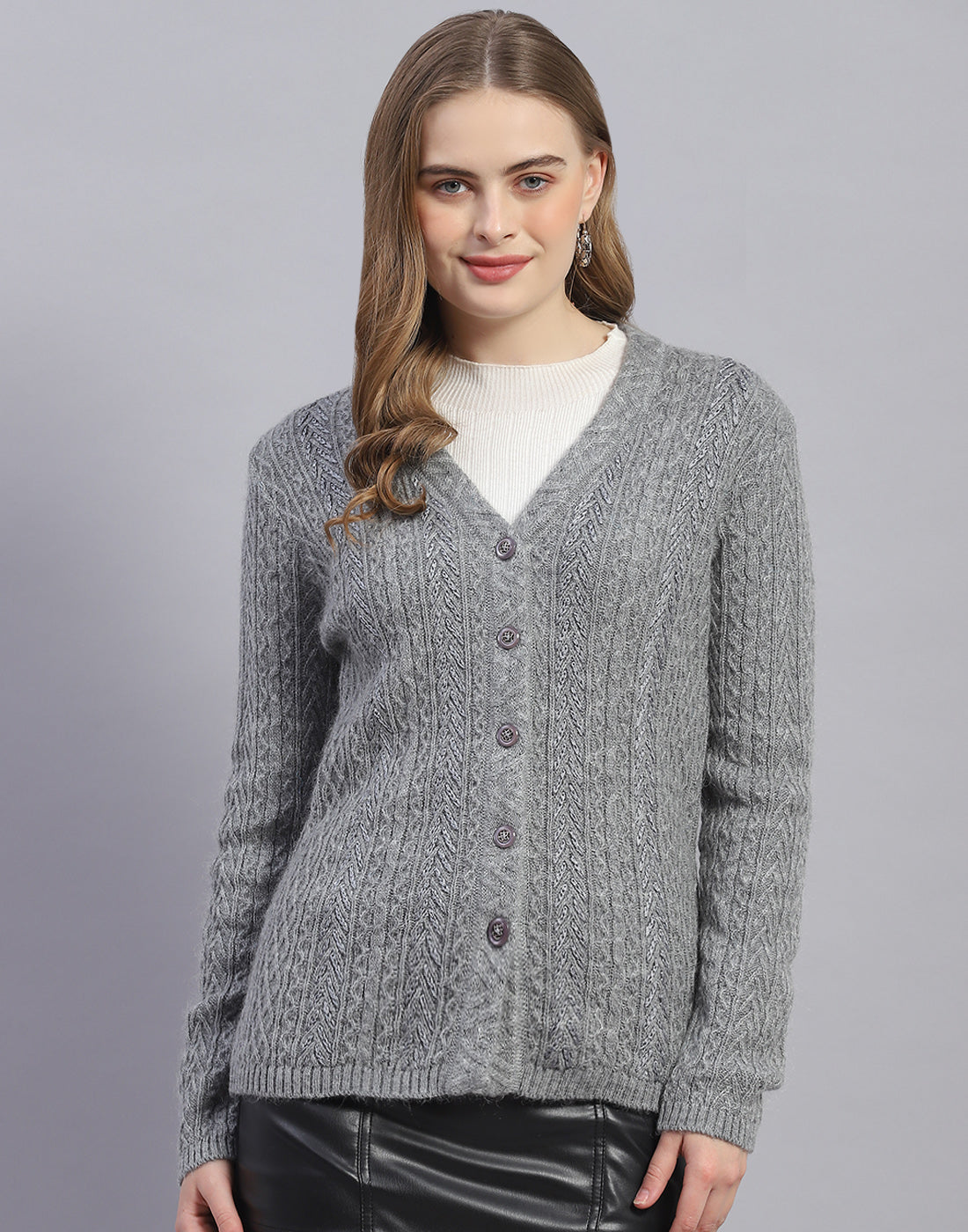 Women Grey Solid V Neck Full Sleeve Cardigan