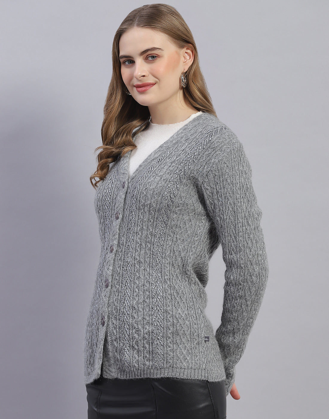 Women Grey Solid V Neck Full Sleeve Cardigan
